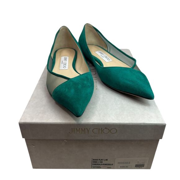 Jimmy Choo Saia Pointed-toe Mesh-panelled Suede Flats In Emerald Size 39 - Picture 1 of 15